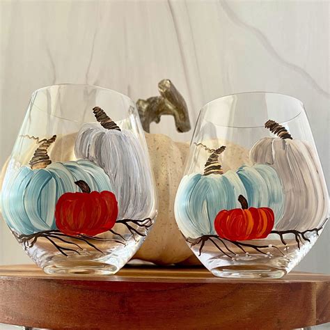 Pumpkin Hand Painted Wine Glasses Fall Stemless Set Of 2 Etsy Hand