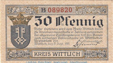 Notgeld Deutschland Notgeld Wittlich 50 Pfennig B Notgeld Kreis