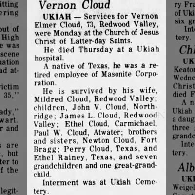 Obituary For Vernon Elmer Cloud Aged Newspapers