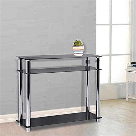 Chinkyboo 3 Tier Modern Black Glass Narrow Console Table Chrome Finish Leg Hall Furniture