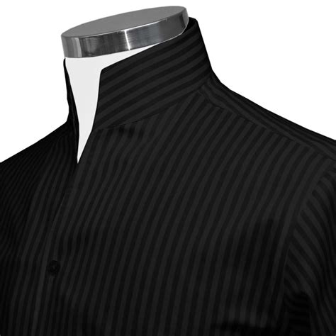 High Open Buttonless V Collar Shirt Jet Black Standing Stripes Birthday