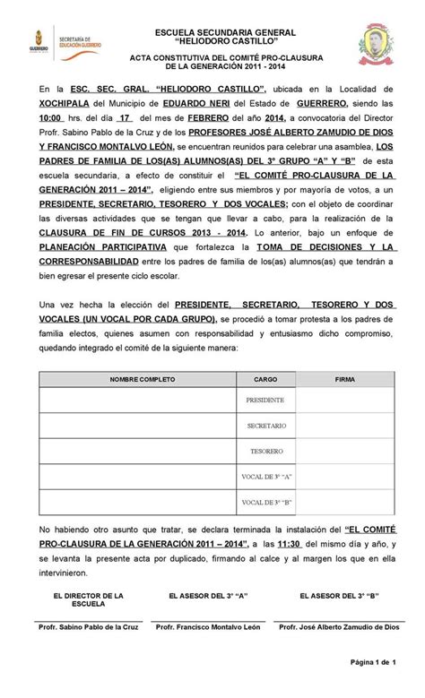 Acta Constitutiva Y Acta De Acuerdos De Comité Pro Clausura Clausura