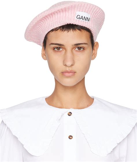 Ganni Pink Wool Rib Knit Beret Ganni