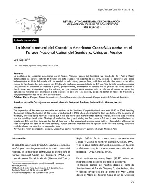 La Historia Natural Del Cocodrilo Americano Crocodylus Acutus En El