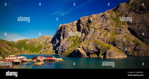 Sea Landscape Of Nusfjord Village And Harbour Flakstadoya Island