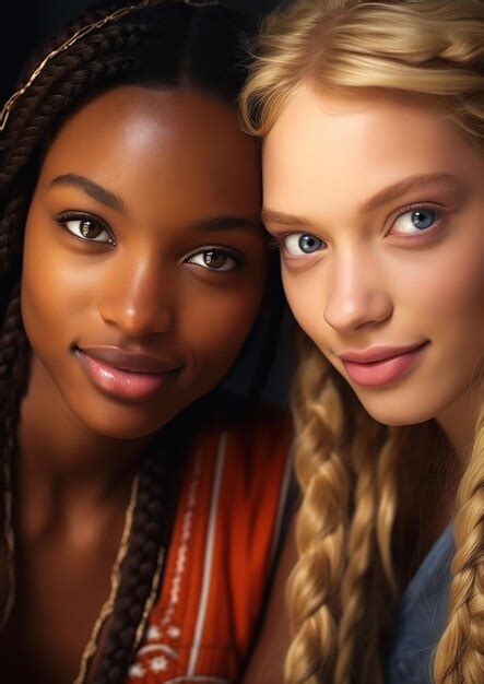 Deux Femmes Tresses Posant Devant La Marque Des Yeux Parfaits Princesse Une Blonde Brune Murs De