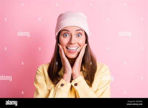 Photo Of Shocked Sweet Young Lady Wear Casual Outfit Headwear Arms