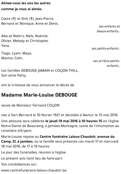 Avis De Décès De Marie Louise Debouge Décédé Le 15 05 2016 à Namur