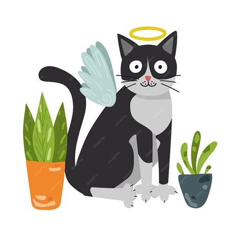 Premium Vector Cute Cat Angel Among Flowers Vector Design On White