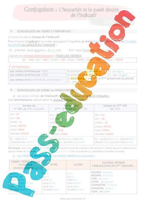 Limparfait Et Le Passé Simple De Lindicatif 5ème Séquence Complète Pdf à Imprimer Par