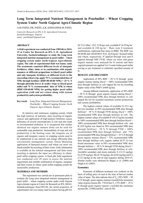 Pdf Long Term Integrated Nutrient Management In Pearlmillet Wheat Cropping System Under North