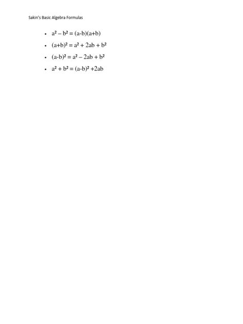 Basic Algebra Formulas | PDF