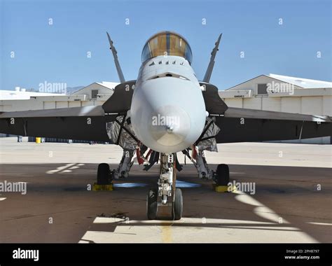 A U S Navy F A 18 Super Hornet Fighter Jet Parked In A Hangar Stock