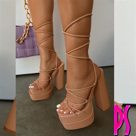 Lace Up Platform Block High Heels In Beige Pink Sugar Bikini