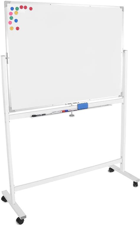 Tableau Magnétique Blanc à Roulettes Double Face Effaçable Cadre En Aluminium 110x75 Cm Incluant