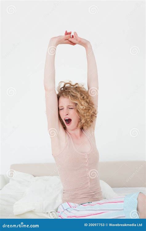 Beautiful Blonde Female Stretching In Her Bedroom Stock Image Image Of Caucasian Cheerful