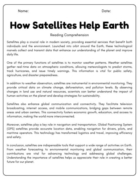 How Satellites Help Earth Reading Comprehension Passages And Questions