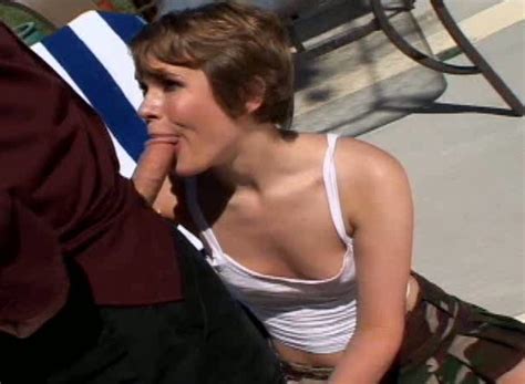 Short Haired Brunette Sucks A Dick Outdoors And Takes A Ride On It