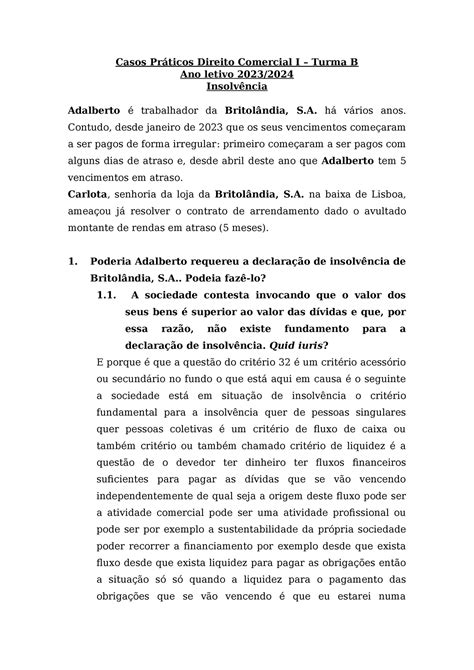 Casos Práticos Direito Comercial I Insolvência 2324 Casos