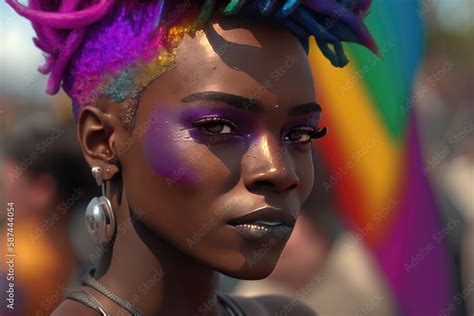 Fictional Ai Caribbean Queer Person In Rainbow Colors At Gay Pride Non Binary Androgynous