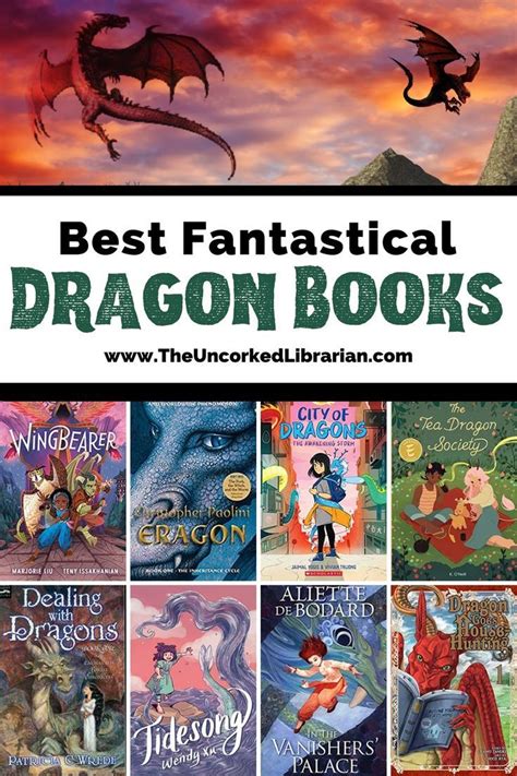 Books About Dragons Pinterest pin with two reddish dragons in pink, orange and purple sky with ...