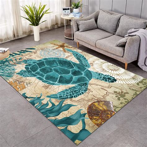 Sea Turtle Area Rug Coastal Floor Mat Ocean Beach Theme Carpet