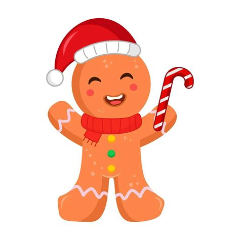 Cute Gingerbread Man Holding Christmas Candy Cane While Raising Hand