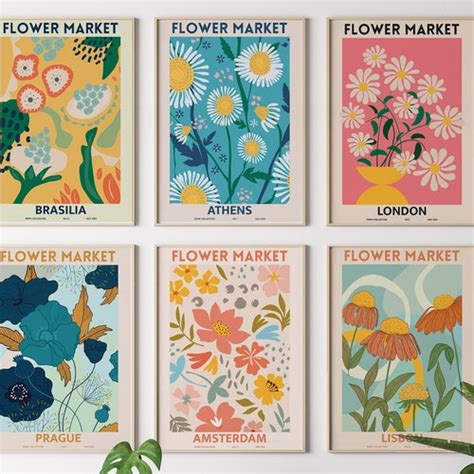 Flower Market Print Set Of 6 Botanical Wall Art Floral Etsy