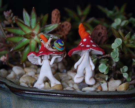 Fairy Garden Sculpted Clay Mushroom Men With A Red And Orange Cap And