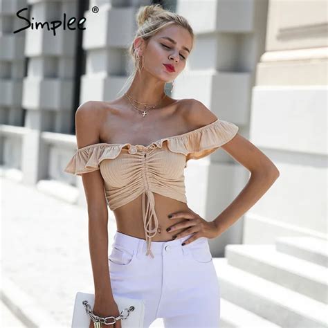 Simplee Sexy Ruffle Knitting Off Shoulder Top Tees Fashion Lace Up Crop