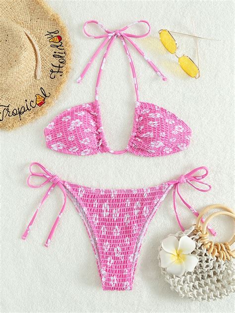 Conjunto De Bikini Con Estampado Floral Ditsy Sujetador Halter