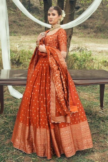 Buy Orange Vegan Silk Woven Floral Booti Square The Minara Lehenga Set