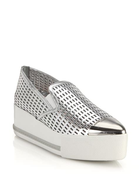 Lyst Miu Miu Metal Cap Toe Leather Platform Sneakers In Metallic