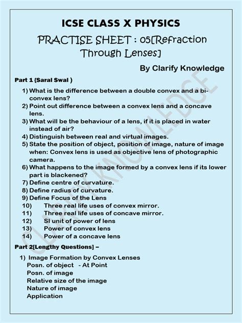 Icse Class X Physics Practise Sheet 5 Refraction Through Lenses Pdf