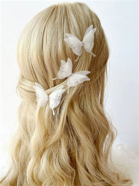 Ivory White Set Flower Girl With Crystals Silk Organza Butterfly Hairpins Butterfly Clips