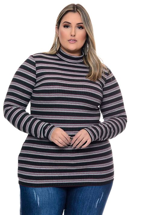 Blusa Plus Size Manga Longa Canelada Listrada Vk Moda Plus Size