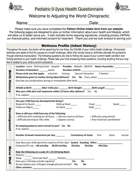 Fillable Online Pediatric 0 2yoa Health Questionnaire Fax Email Print