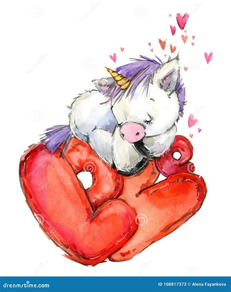 Ejemplo Lindo De La Acuarela Del Unicornio Tarjeta Del Amor Stock De