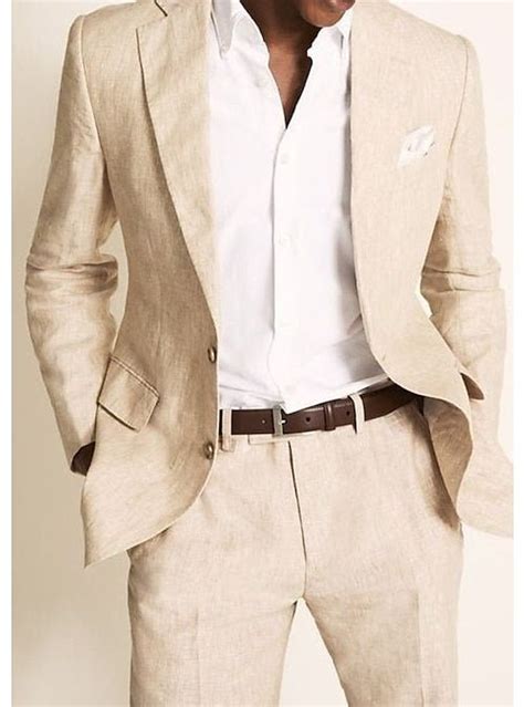 Mens Linen Suits Beach Wedding 2 Piece Summer Suits Solid Colored