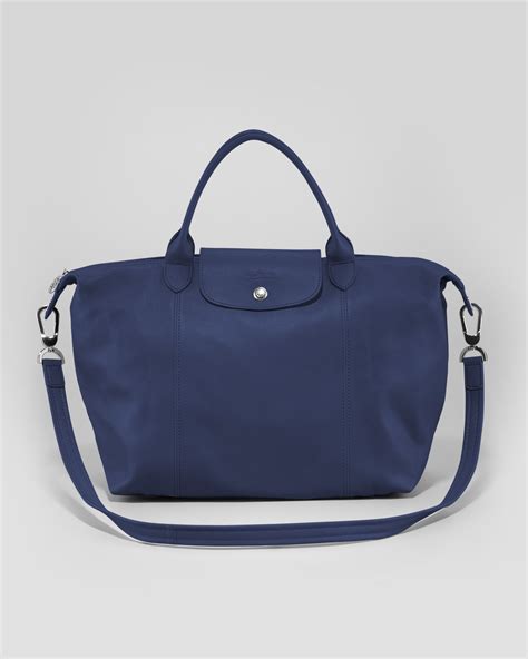 Longchamp Le Pliage Cuir Medium Tote Bag In Blue Navy Lyst