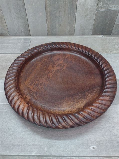 Hand Carved Wood Plate Tray Vintage Serving Plate Plant Candle Saucer