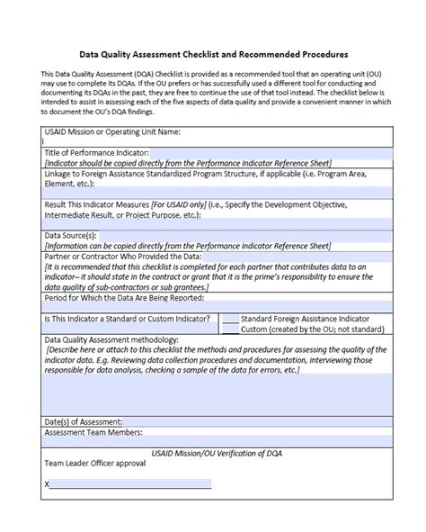 Data Quality Assessment Checklist And Recommended Procedures Archive U S Agency For