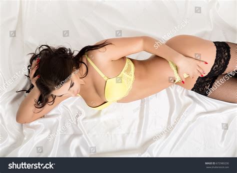 Beautiful Woman Wearing Yellow Lingerie Black Stock Photo 672980230 Shutterstock