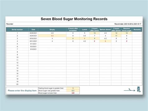 Excel Of Seven Blood Sugar Monitoring Recordsxlsx Wps Free Templates