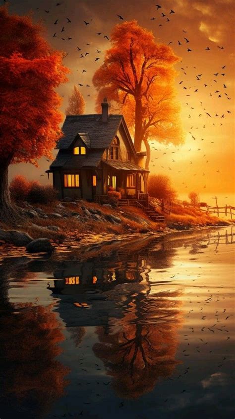 Autumn Scene Painting with Birds