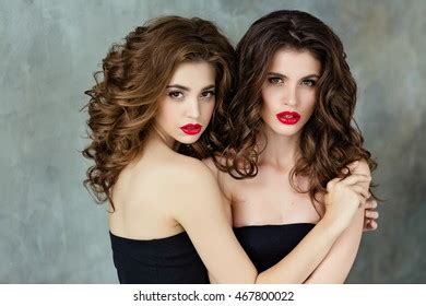 Portrait Two Beautiful Glamorous Sensual Brunette Stock Photo