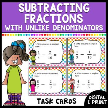 Subtracting Fractions With Unlike Denominators Task Cards Print Google