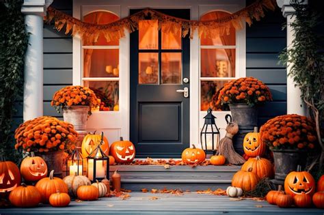 Calabazas De Halloween Decorando En La Entrada De La Casa Por La Noche