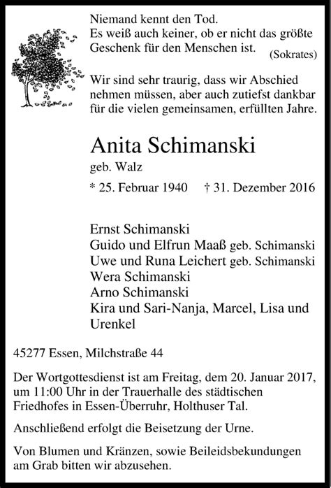 Traueranzeigen Von Anita Schimanski Trauer In Nrw De