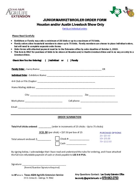 Fillable Online Lee Agrilife JUNIOR MARKET BROILER ORDER FORM Houston